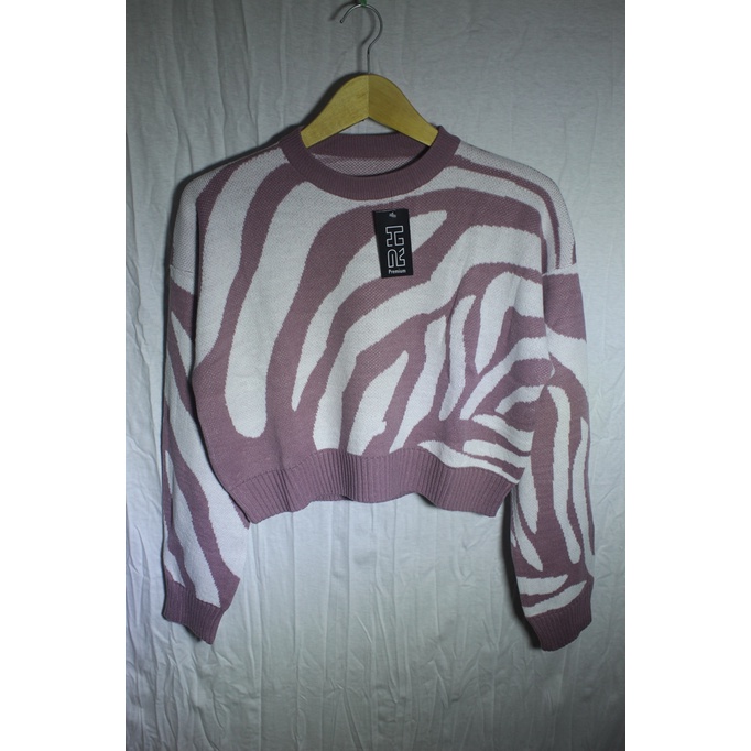 RH - SWEATER BAJU RAJUT CROPTOP CREW NECK MOTIF ZEBRA TEBAL HALUS ORIGINAL