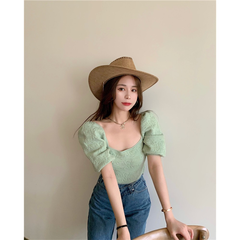 Baru Jacquard Puff Sleeve Retro Square Kerah Pendek Top Wanita Fit Ramping Pelangsing Sweater 3ccH