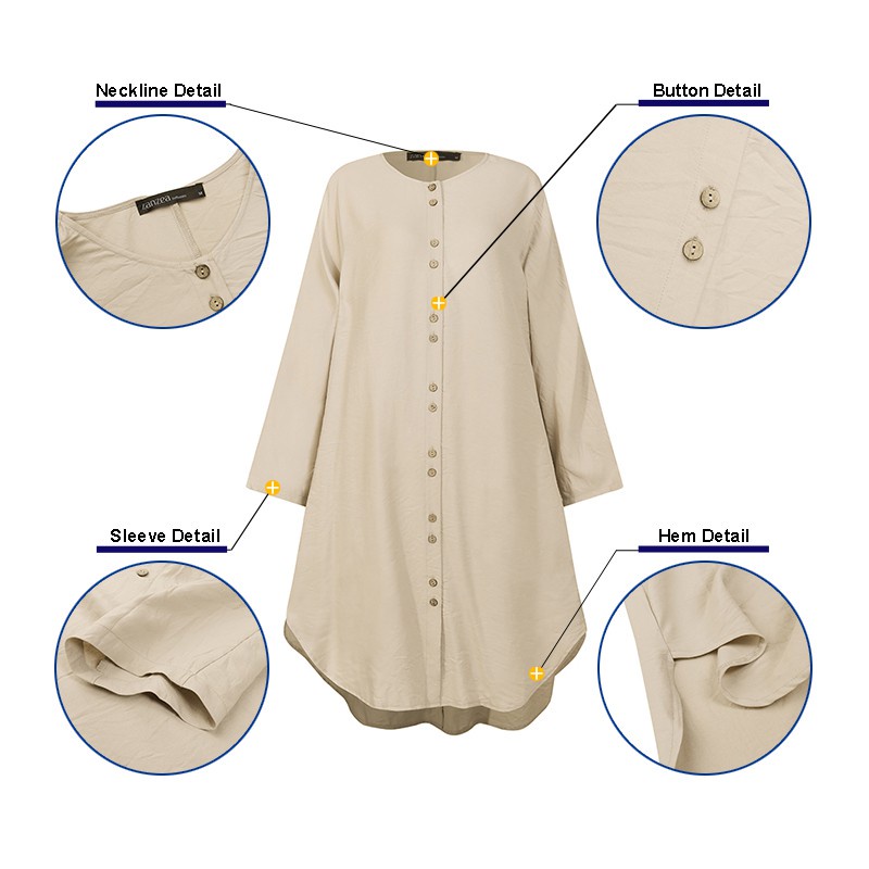 ZANZEA Women Casual Crew Neck Buttons Plus Size Muslim Dress