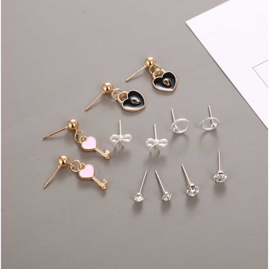 6 Pasang Anting Set #16 GEMBOK Tindik Tusuk untuk 1 Minggu Korea Fashion Earrings Pria Wanita Stud