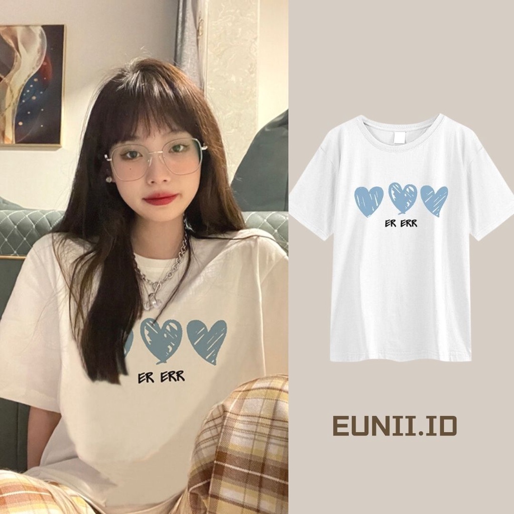 EUNII T-shirt Lengan Pendek Blue Heart Korean Style/Kaos Atasan Wanita/Baju Kaus Oversize Wanita/Kaos Wanita