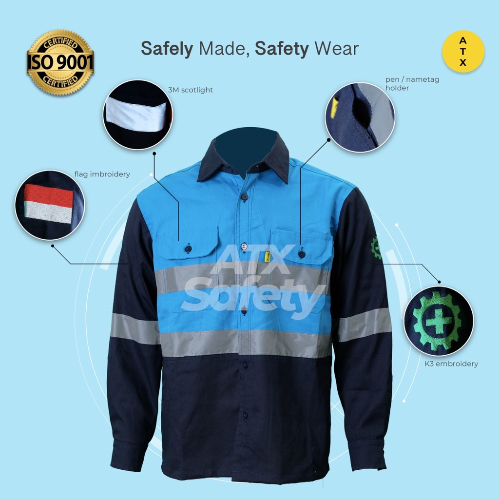 Wearpack Safety Baju Kerja Lengan Panjang Kombinasi Biru PLN Navy ATX