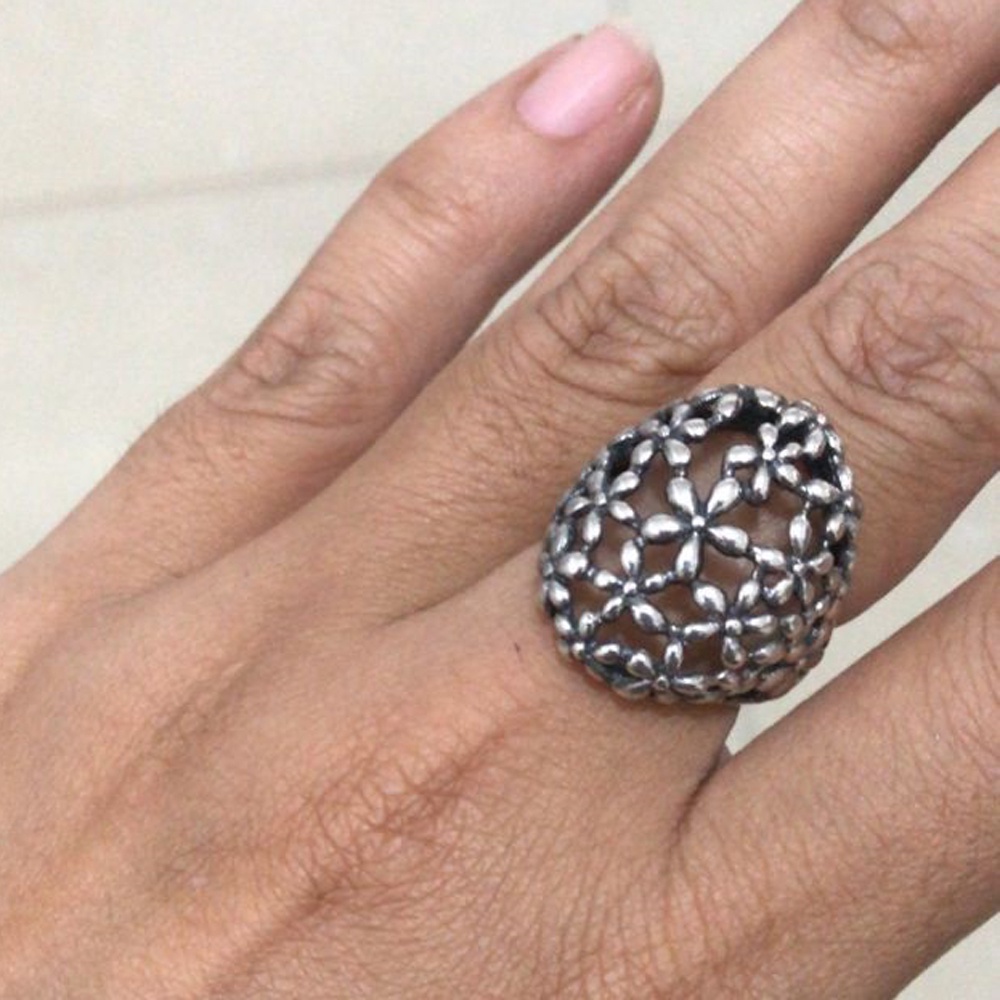 Cincin Ring Perak silver Ukir Bunga Kembang Lebar Asli 925 Wanita Cewek  Keren Custom