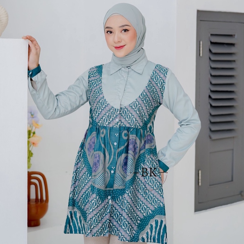 Blouse M-JUMBO Atasan Batik  Wanita Seragam Batik Modern Outfit Kantor Office Style Bahan Katun Moti