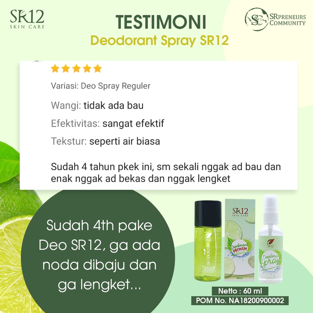 DEODORANT SPRAY PREMIUM SR12 60 ML / TAWAS CAIR / PENGHILANG BAU BADAN / ANTI BAKTERI