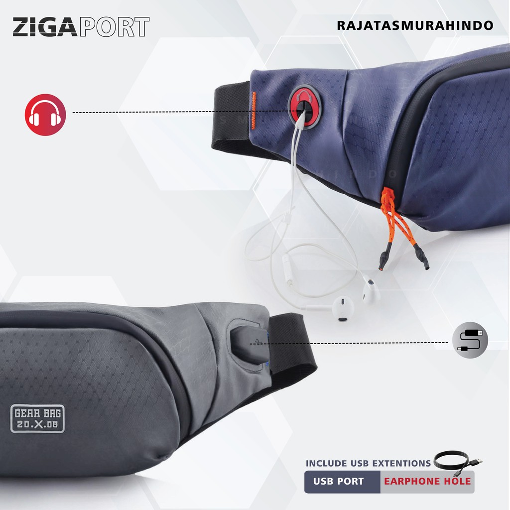 Waist Bag Pria Gear Bag 13111 ZIGA PORT + FREE USB EXTENTIONS CABLE - WaistBag With Charging Port