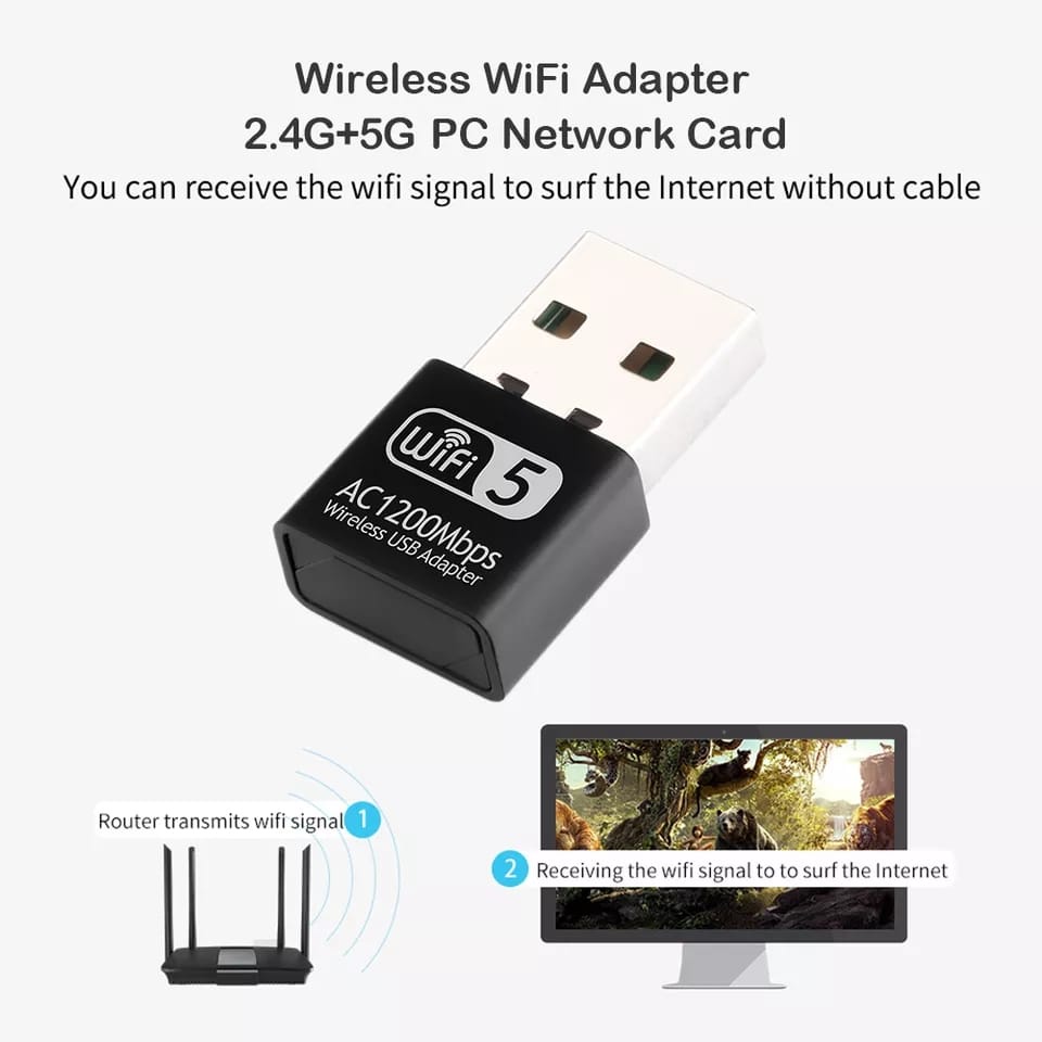 USB WiFi Adapter 1200Mbps Dual Band Transmitter Receiver Dongle Di PC Laptop Komputer