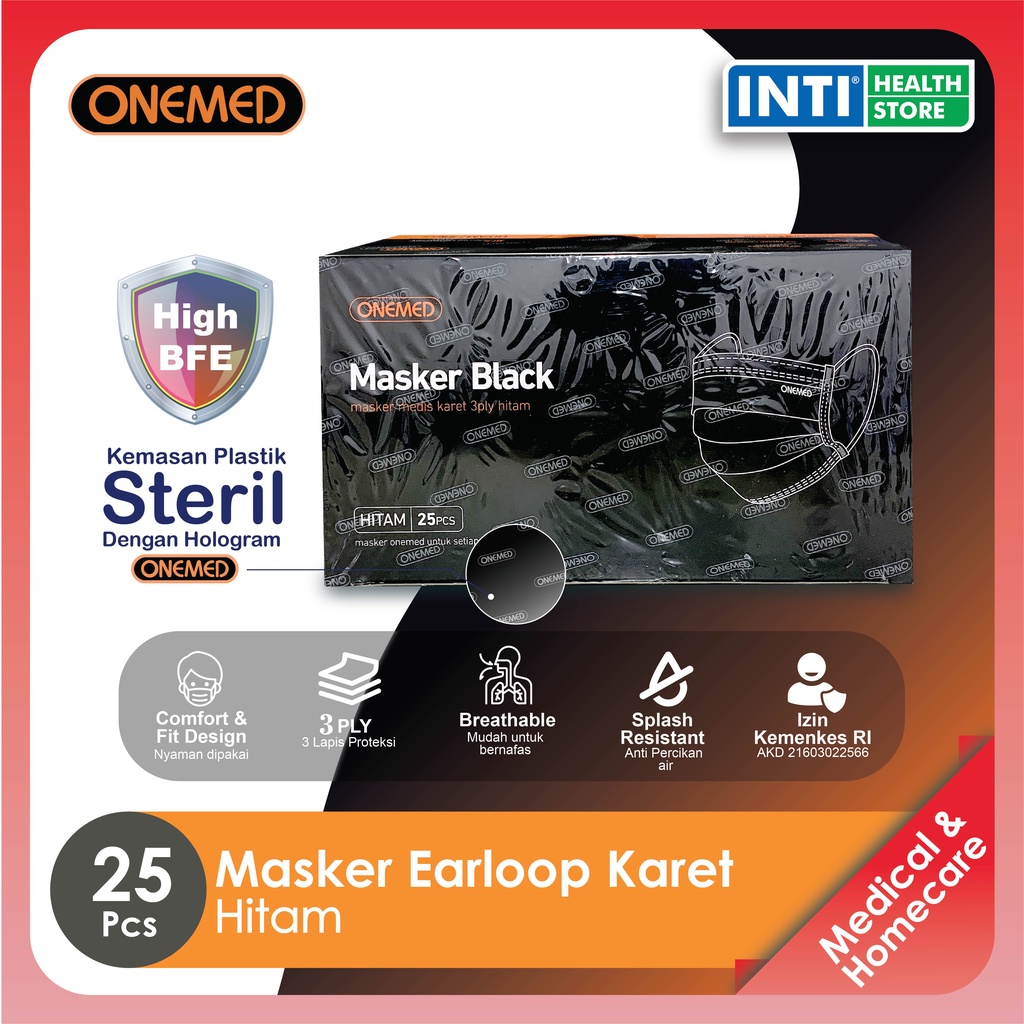 Onemed | Masker 3 Ply Earloop Black | Masker Surgical isi 25