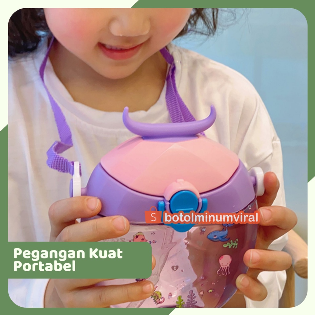 Botol Minum Balita Anak TK SD Sekolah Sedotan Tali Aquarium BPA Free Premium Tebal Warna Pink Ungu dan Tosca