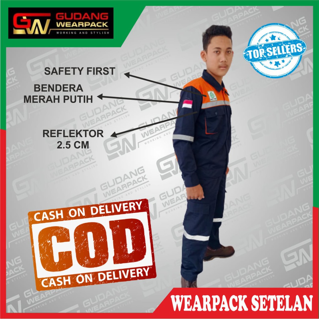 Star Wearpack - Seragam Kerja Proyek Setelan Baju &amp; Celana Atasan Warna  Dongker Kombinasi Oren Lengan Panjang