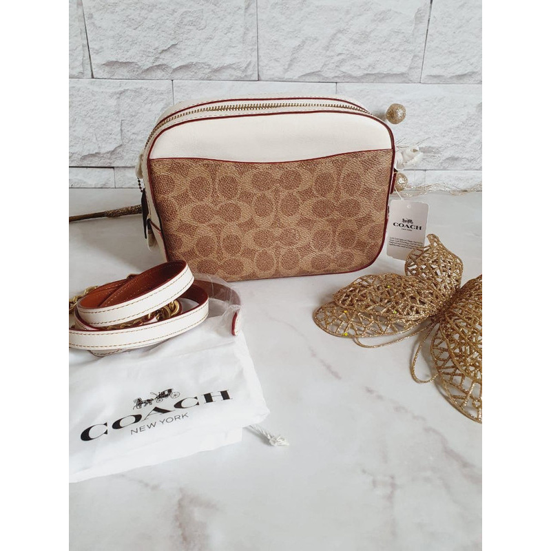 tas coach 31208 camera bag signature tan chalk