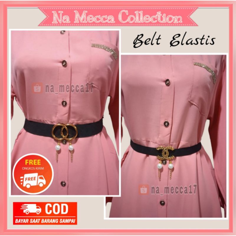 Ikat Pinggang Wanita Stretch Belt Karet Elastis Mutiara Aksen OO CC Gesper Cewek Remaja Stylish Tali