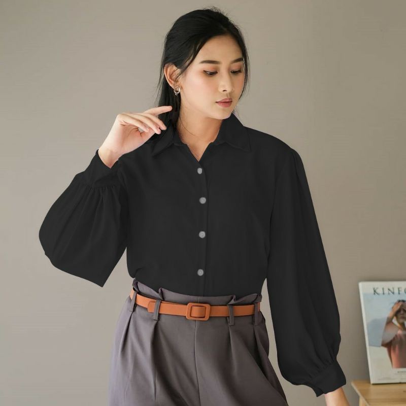 KEMEJA WANITA CASUAL POLOS BASIC AUDREY BASIC SHIRT KEMEJA LENGAN BALON POLOS, KEMEJA TANGAN BALON-Audrey hitam