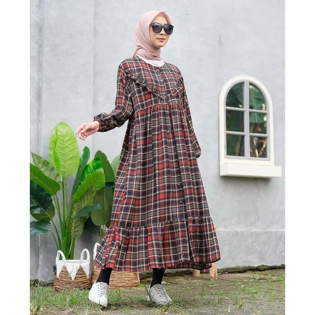 Dress Wanita Tartan Midi Dress Rayon Uniqlo Premium