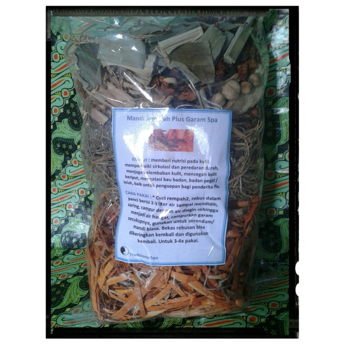 Dimensi- Rempah Mandi Plus Garam Spa Kemasan Kiloan.