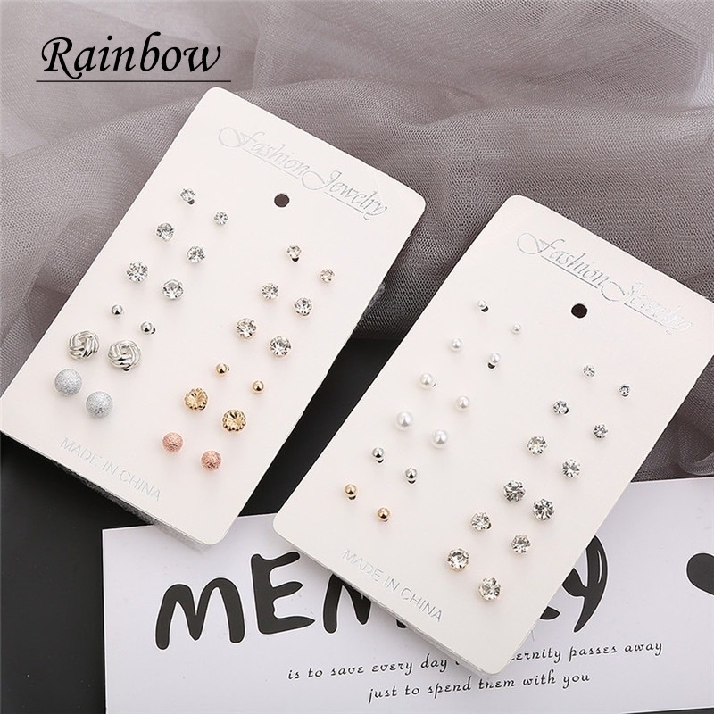 12 Pasang / Set Anting Tusuk / Stud Mutiara / Berlian Imitasi Untuk Wanita