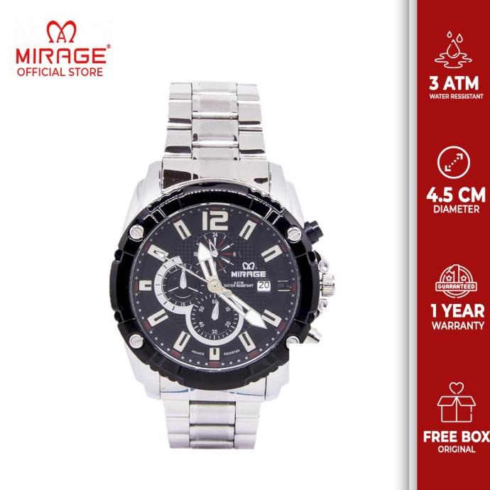 Mirage Jam Tangan Sports Pria Kasual Silver Stainless 8714M (P.Hitam) Termurah