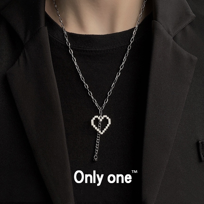 Hollow Mosaic Love Heart Pendant Necklace Hip Hop Long Chain Necklace