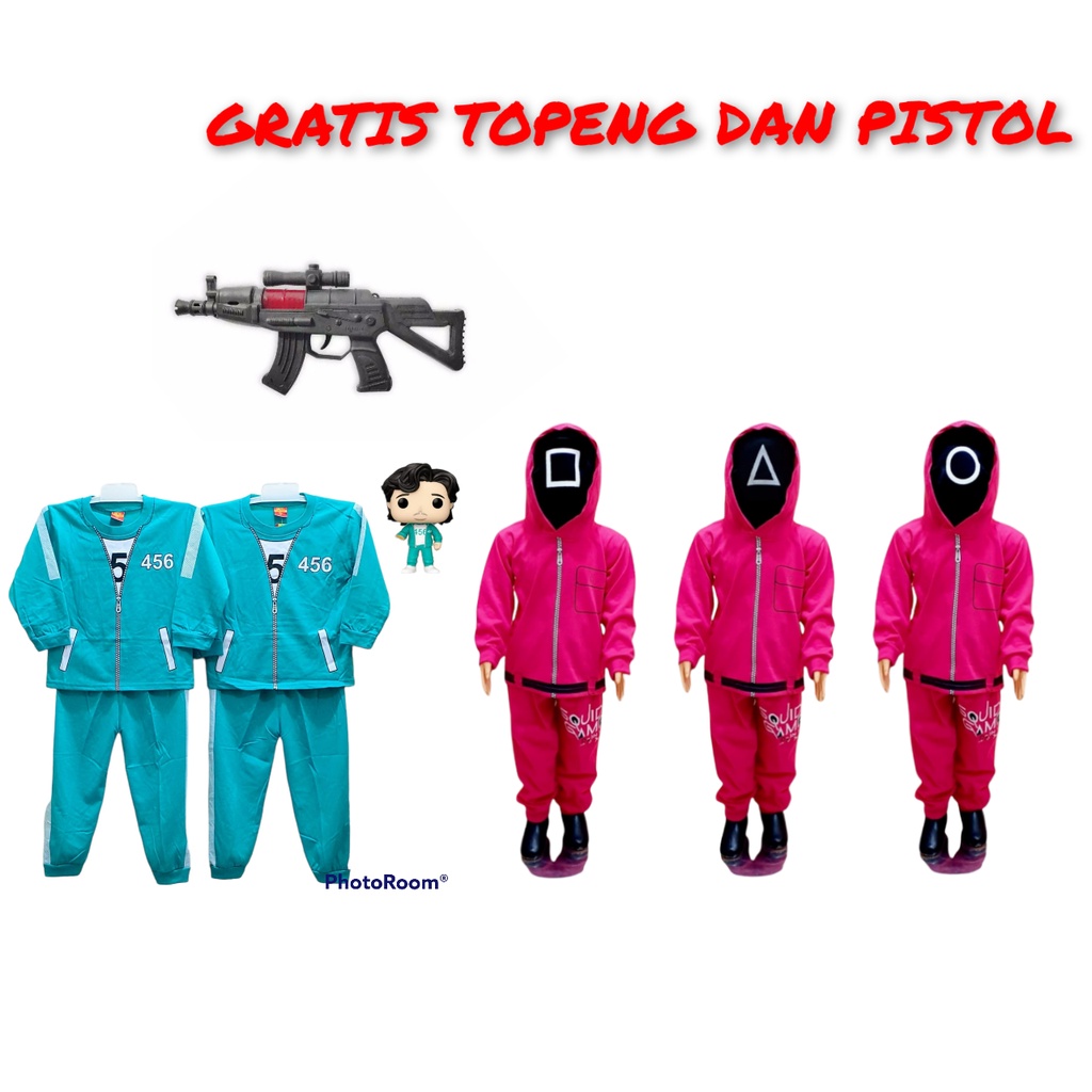 SETELAN BAJU ANAK SQUID GAME FILM SQUID GAME GRATIS TOPENG DAN PISTOL / BAJU ANAK SQUID GAME TERLARIS