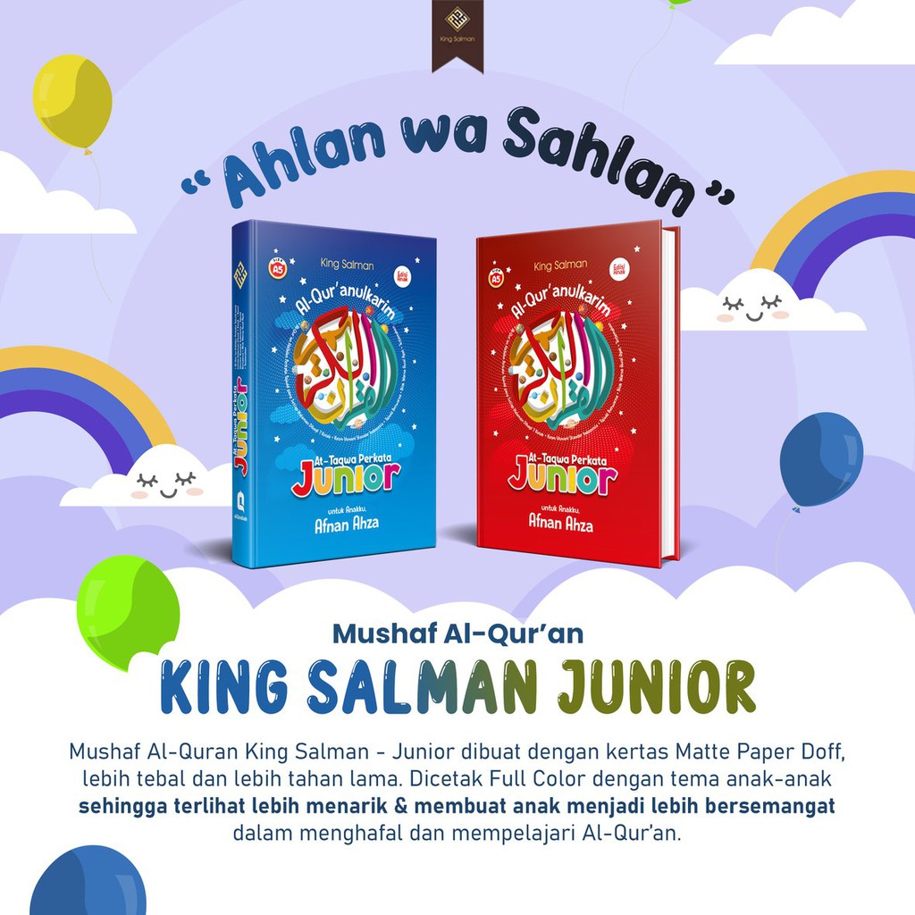 KING SALMAN Mushaf Al Quran Junior Anak / Kid / Kids / Custom Nama / AlQuran Cetak Nama / Hadiah