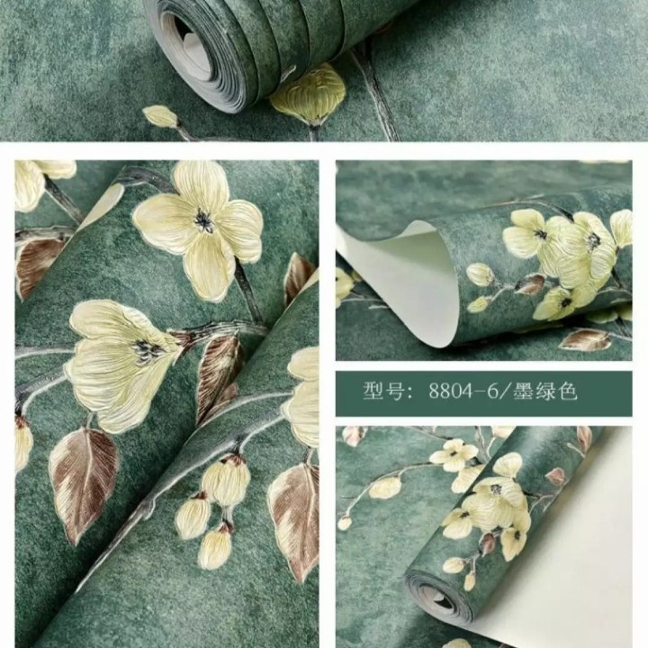 WALLPAPER DINDING SAKURA KUNING DASAR HIJAU TUA 45CM X 10M