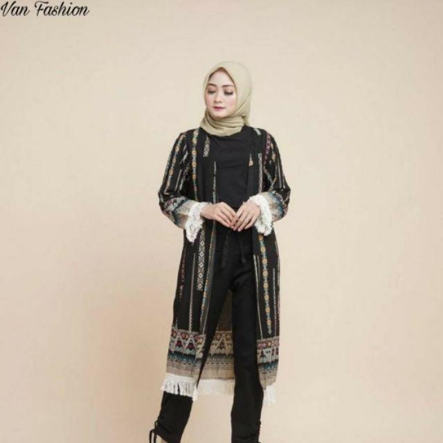 Promo  cardigan outer bohemian renda rumbai motif etnik adem boho pantai  Nih