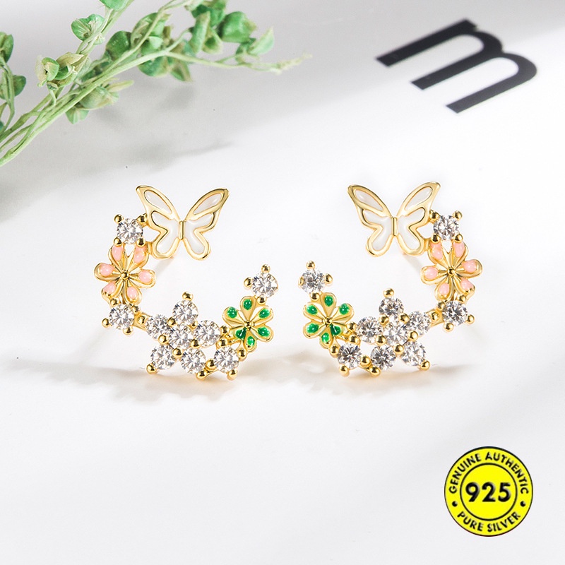 Anting Stud Bentuk Kupu-Kupu Emas 18K Bahan Sterling Silver Untuk Wanita