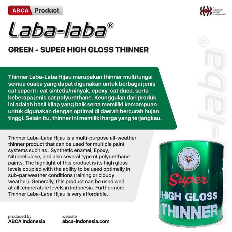 Thinner super high gloss Laba-Laba Hijau galon 4 liter tiner pengencer cat duco
