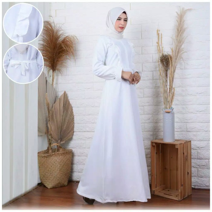 TERLARIS Baju gamis syari putih polos terbaru lebaran 2020 pesta remaja modern - Putih, M