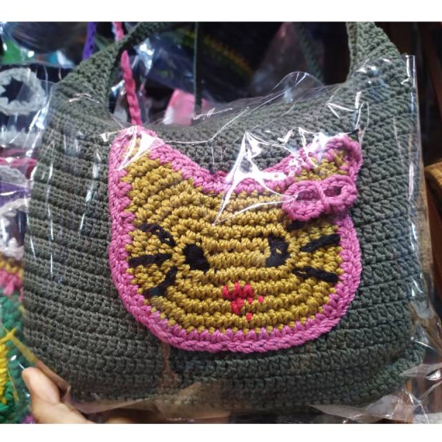 (BISA COD) TAS SELEMPANG RAJUT HELLO KITTY UKURAN 25x20 cm - SLING BAG WANITA OOTD