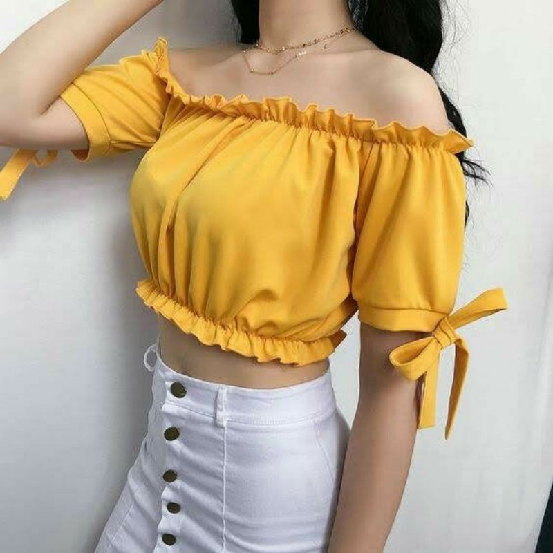 top crop leher Sabrina/baju atasa korea