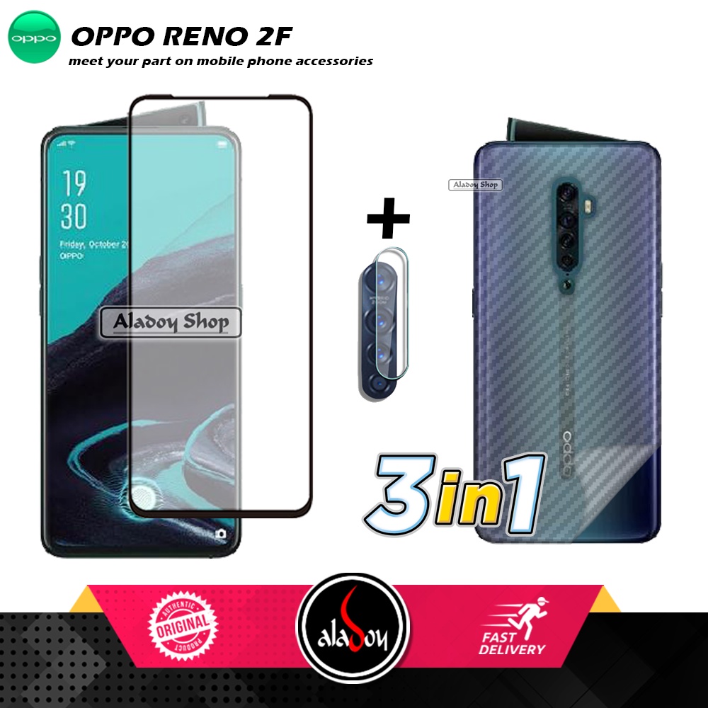 PAKET 3 IN 1 Tempered Glass Layar Oppo Reno 2F Free Tempered Glass Camera dan skin Carbon