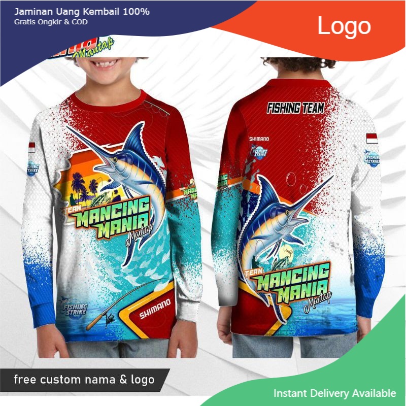 Jersey Mancing Mania Anak lengan panjang Baju Kaos Mancing gambar ikan