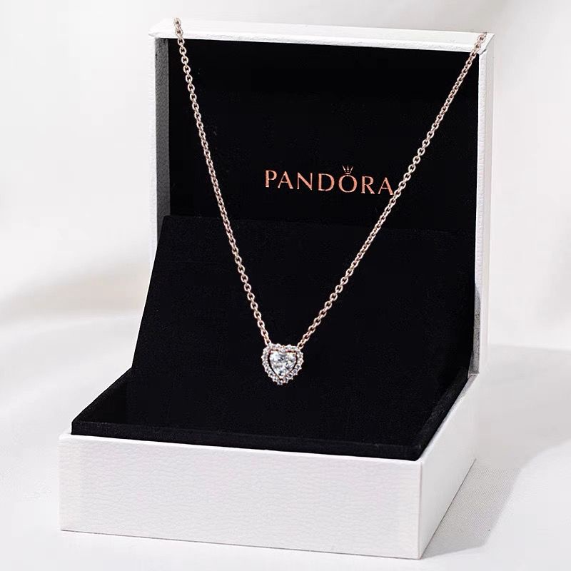 Pandora Kalung 925 Silver Rose Gold 18K Dengan Liontin Hati Aksen Berlian Kubik Zirkonia Untuk Wanita