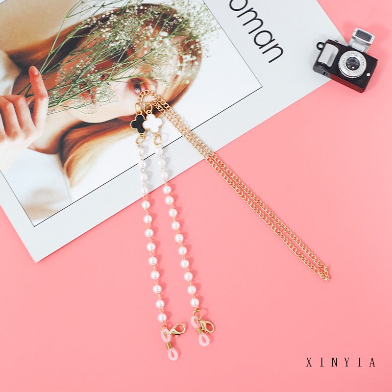 Rantai Kacamata Anti Hilang Desain Clover Aksen Mutiara