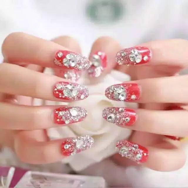 Wedding fake nail 3D Red rhinestone kuku palsu merah pernikahan