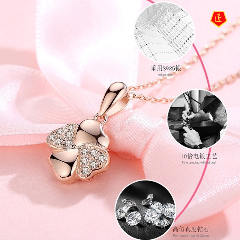 [Ready Stock]Four-Leaf Clover Pendant 925 Silver Necklace Women's Sweet Flowers Diamond