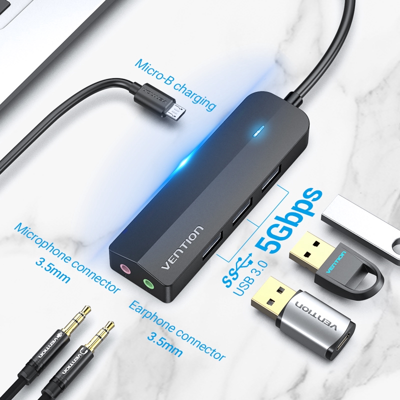 Vention USB Hub Splitter Usb 3.0 3 Port with Sound Card Kecepatan Tinggi 5gbps Dengan Power Supply Untuk Laptop Pc