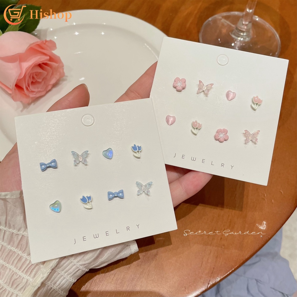 Set Anting Bentuk Bunga Tulip Kupu-Kupu Hati Bahan Resin Untuk Wanita