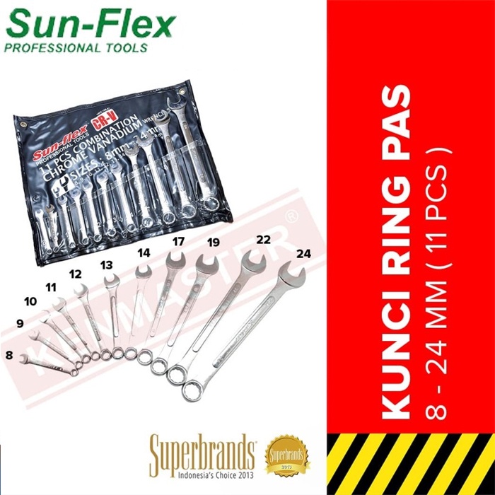 Kunci Ring Pas Set 11 pcs / Sun-Flex 8mm - 24mm Chrume Vanadium