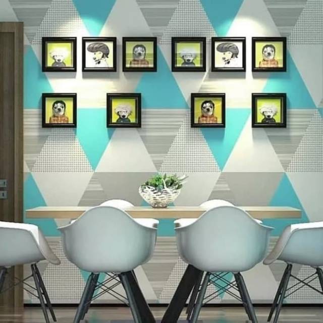 Wallpaper Dinding Motif Segitiga Biru Tosca Ukuran 10 Meter x 45 CM