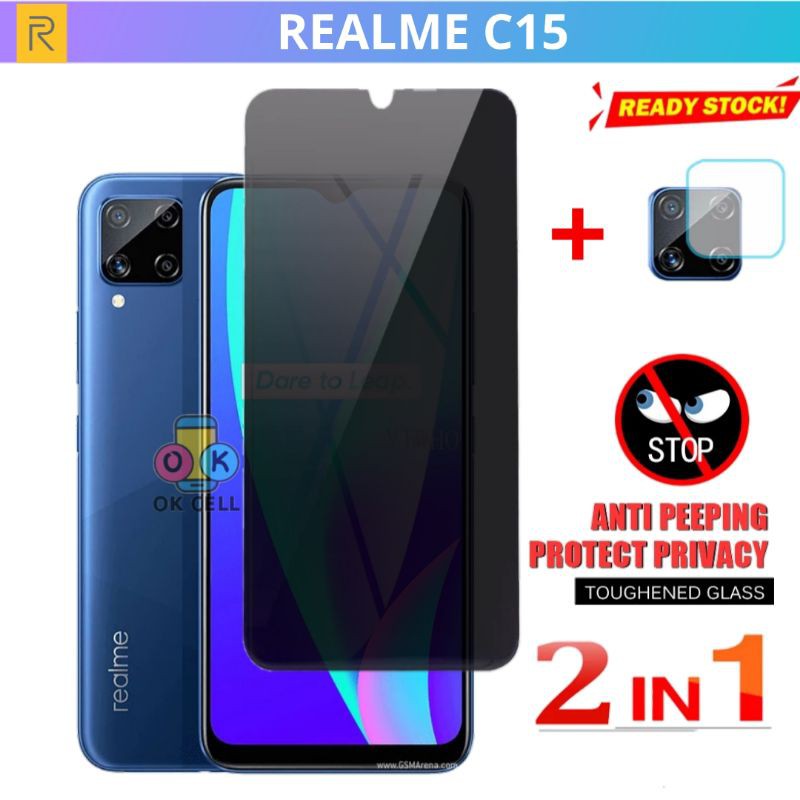 2IN1 - Tempered Glass Spy Full Layar Kamera Realme C15 - TG Anti Gores Privacy Screen Protector