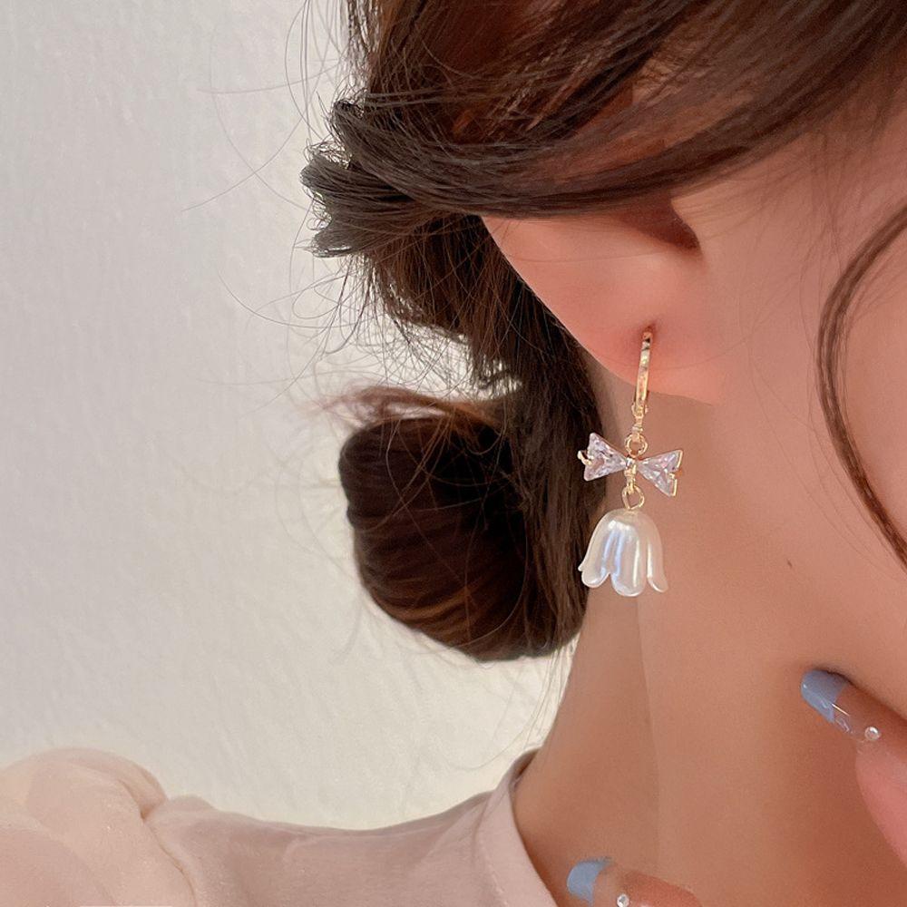 Needway Wanita Anting Hoop Trendi Untuk Perempuan Bunga Busur Zirkon Kristal Menjuntai Drop Earrings