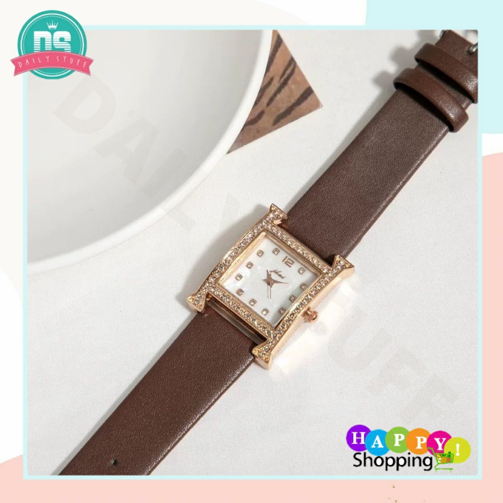 DS J034 Jam Tangan Wanita Fashion Korea Analog Quartz Bahan Kulit Bentuk H Import Murah