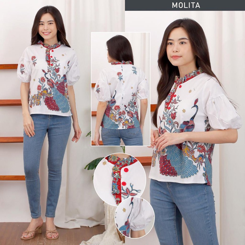 Evercloth Molita Atasan Batik Wanita Blouse Batik Perempuan Model Lengan Puff Baju Batik Cewek Katun Stretch Premium Batik Couple Family Set Sarimbit Burung Hong Merah Putih