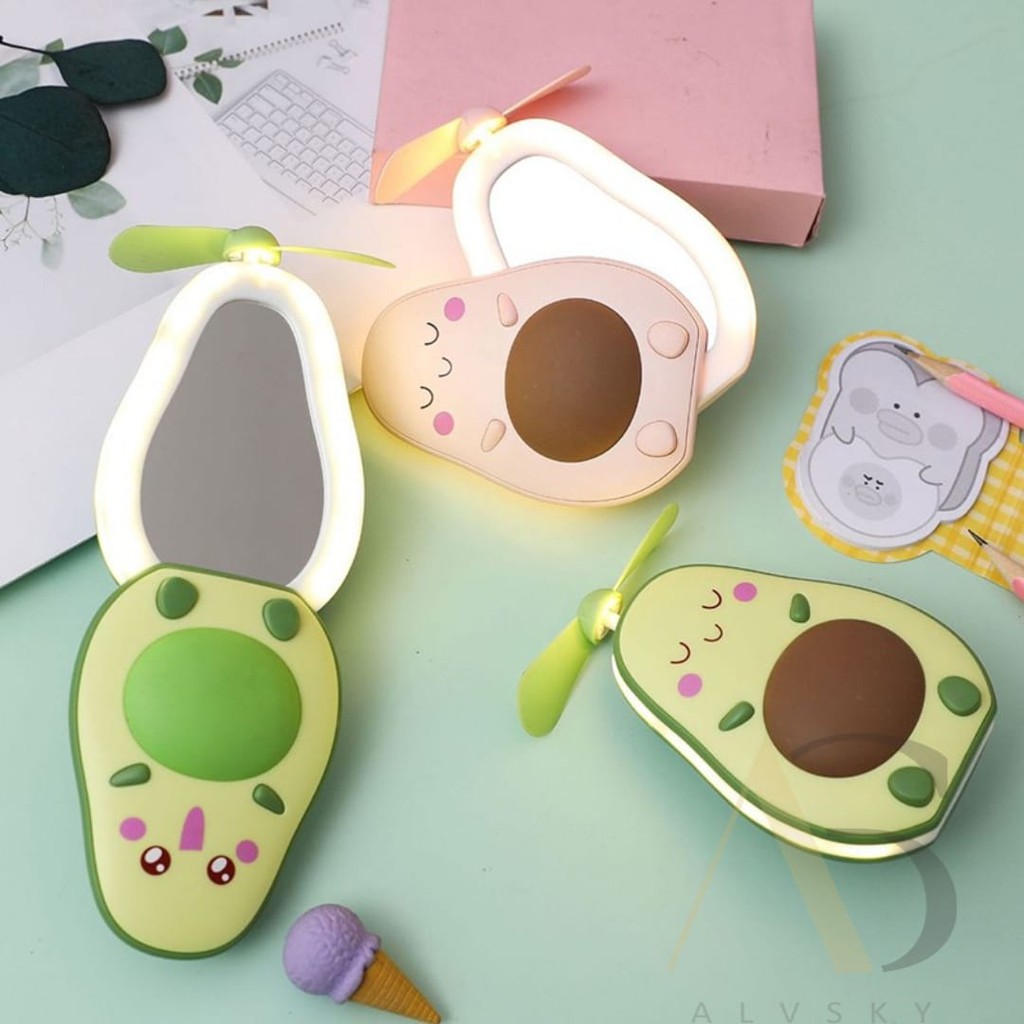 CERMIN LED RIAS MINI FAN KIPAS ANGIN MINI KARAKTER PORTABLE / KIPAS ANGIN KARAKTER AVOCADO / AVOCADO MINI FAN