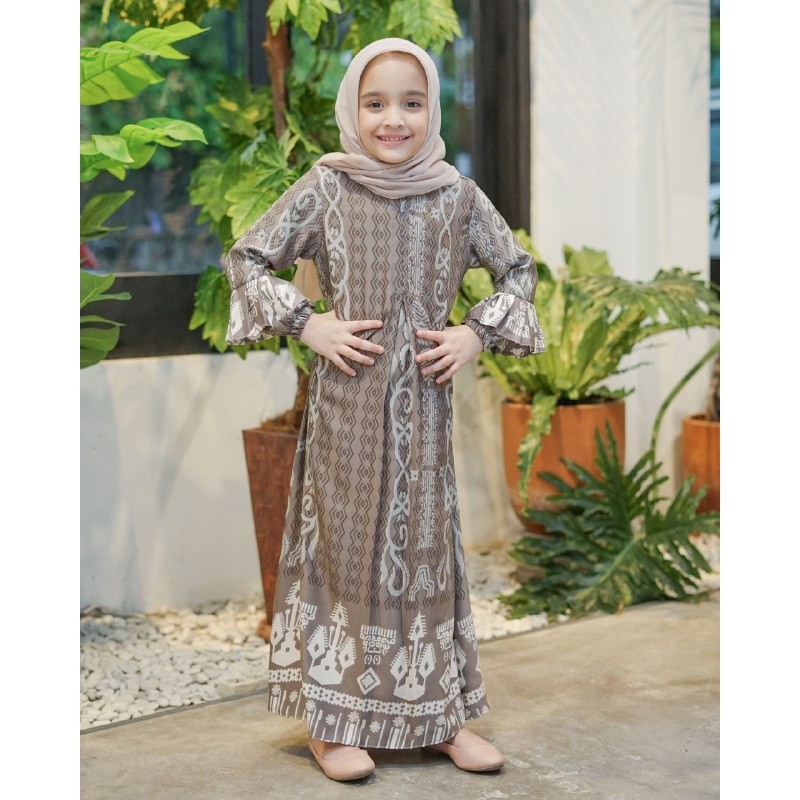 Gamis Wanita Kia Maxi Motif | Fashion Muslim Wanita | Dress Muslim Wanita Busui Friendly All Size-Abu (Anak)