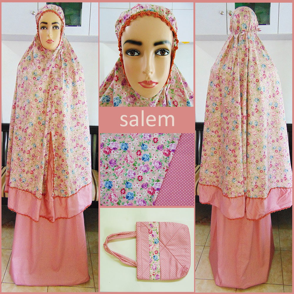 Mukena Katun Jepang Renda Sulam motif mawar kecil warna salem
