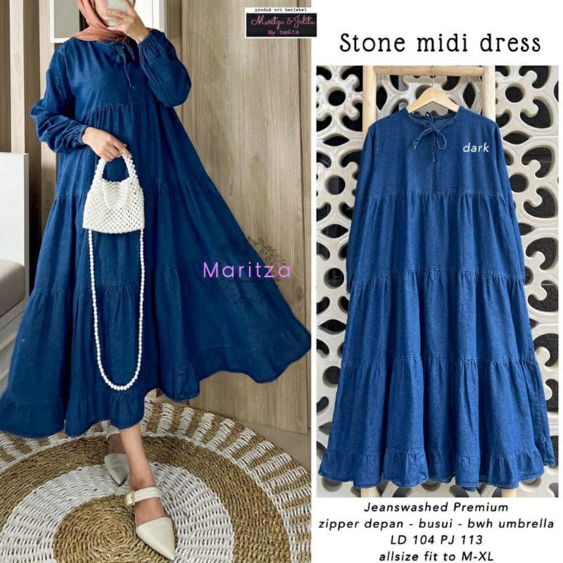 Stone Midi Dress Wanita Jumbo Jeans Washed LD 120