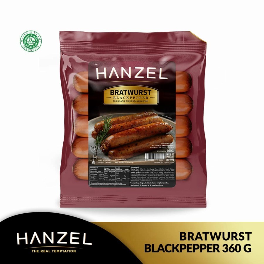 SOSIS SAPI BRATWURST BLACKPEPPER HANZEL 360GR PREMIUM BEEF LADA HITAM SAUSAGE 5PCS